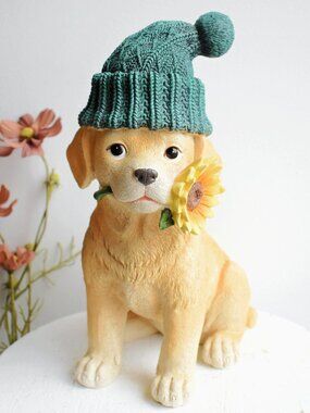 Labrador Puppy Dog Beanie Hat Sunflower Resin Statue Fall Cottagecore Decor